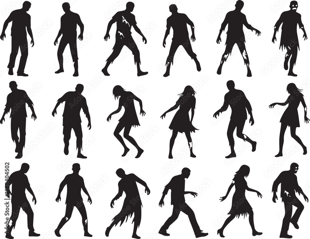 Naklejka premium Set of zombie silhouette vector on white background