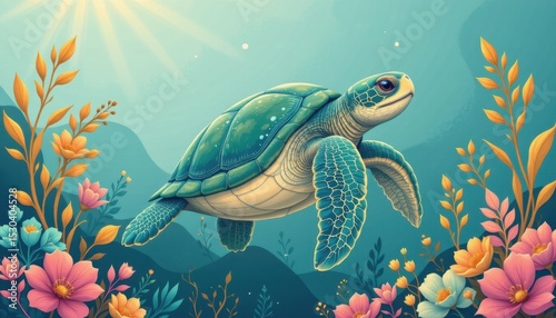graceful sea turtle in an illustrative style, with teal and sand colors, flowing shapes, detailed foliage, peaceful vibe, high resolution