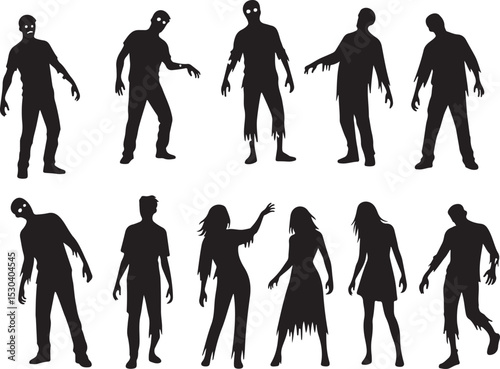 Silhouette set of zombie vector, Halloween clipart, Zombie standing and walking actions in Silhouette style collection on white background