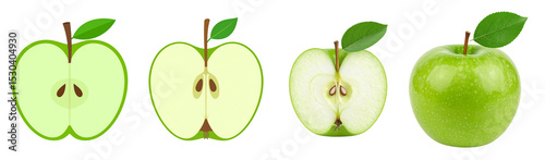 Fresh green apples displayed in various stages of cutting and revealing their insides.