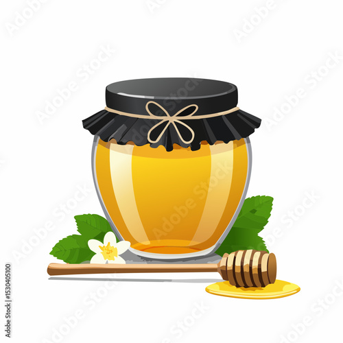 Golden Honey in Glass Jar with Honey Dipper and Flowers Sweet and Natural