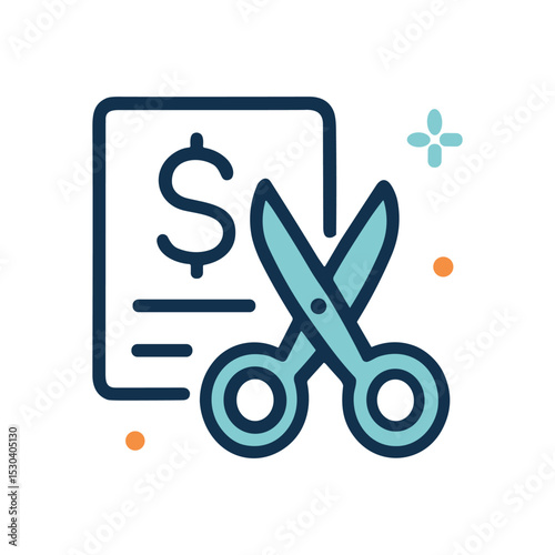 Scissors trimming a financial bill. Icon symbol illustration