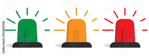 Emergency lights siren set. Emergency siren in green, orange, and red signaling different alert levels for safety. Stock Vector
