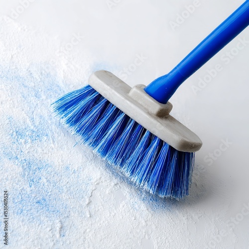 Blue broom cleaning white surface dust removal sweeping hygiene home cleanup housework tool 100 char