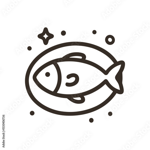 Fish dish with stars  bubbles. Icon symbol illustration