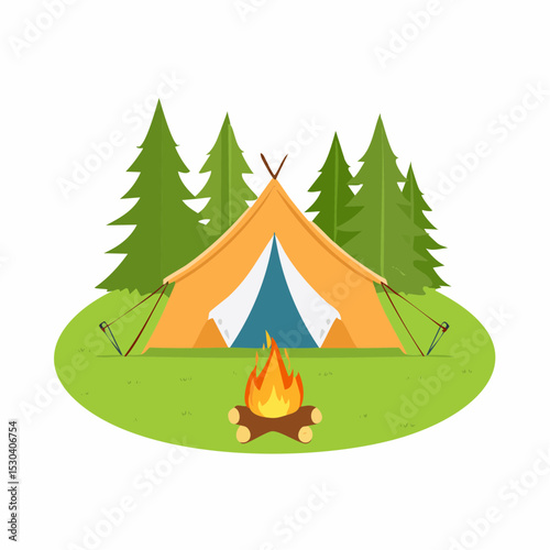 Camping Adventure Tent, Campfire, and Forest Serenity