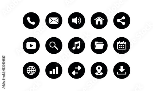 Set of Black and White Icons for Communication, Media, Navigation, and User Interface Design