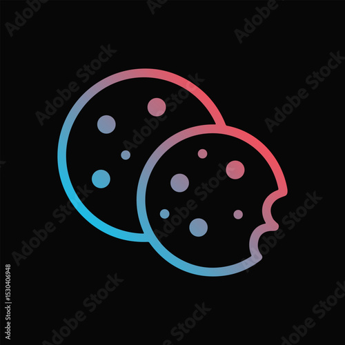 Gradient cookies one bitten on a black field. Icon symbol illustration
