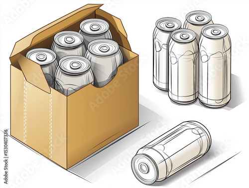 Illustration of can with cardboard box mockup packaging design for bottle, white background
