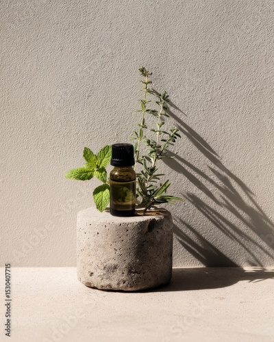 A small glass bottle of essential oil sits on a stone with green herbs nearby against a textured background.