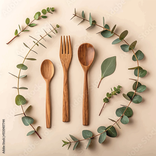 A set of isolated silver kitchen utensils and wooden spoons with herbs and spices on a white background