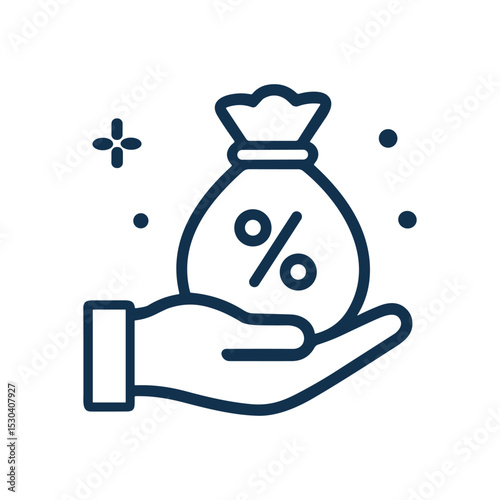 Discount moneybag rests serenely on hand. Icon symbol illustration