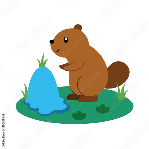 beaver building dam at the edge of the pond vector art