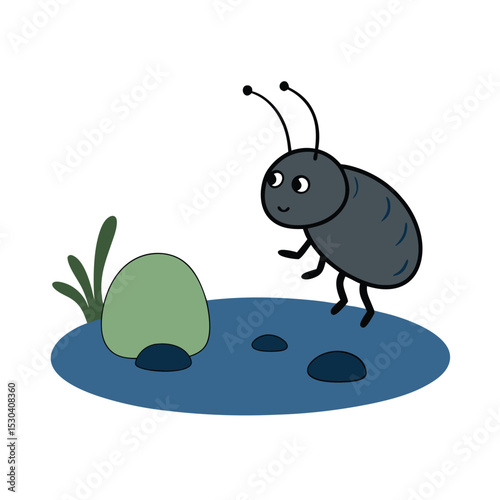 beetle crawling along a pond stone cartoon vector art