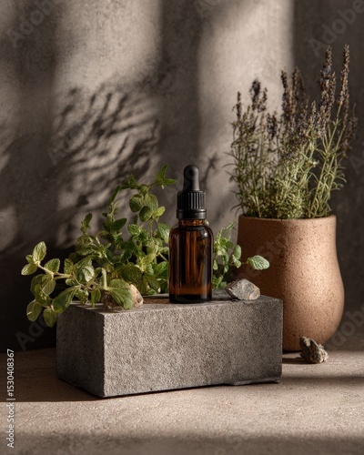 A small glass bottle of essential oil sits on a stone with green herbs nearby against a textured background.