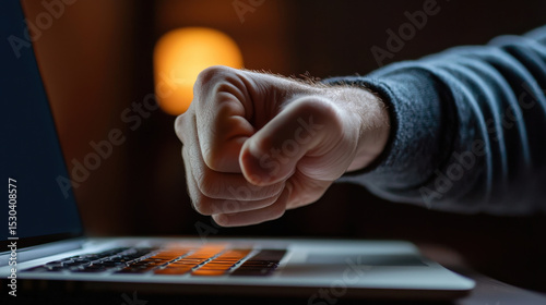 Frustrated hand gesture on laptop, symbolizing cyberbullying and online trolling advocacy