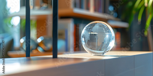 Transparent Globe on Shelf Amid Books and Greenery

