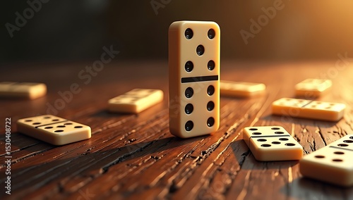 Illustration of a single domino standing among fallen pieces on a wooden floor. Represents resilience, leadership, or defiance in adversity.
