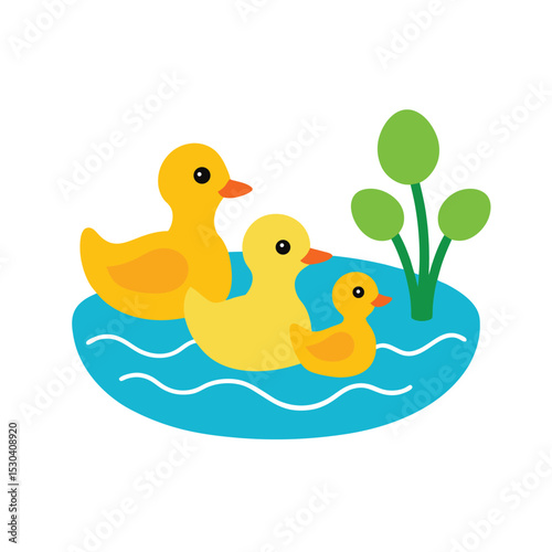 family of ducks waddling along pond cartoon vector art illustration