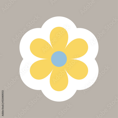 Yellow flower with blue center and white outline on gray background. Summer and Oktoberfest sticker. Vector illustration. Abstract floral background. Square banner with chamomile.