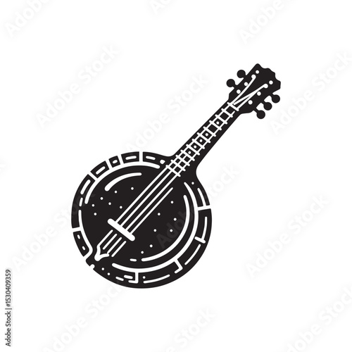 Bold Banjo Silhouette - Banjo Vector Icon - Round Body Banjo Illustration.