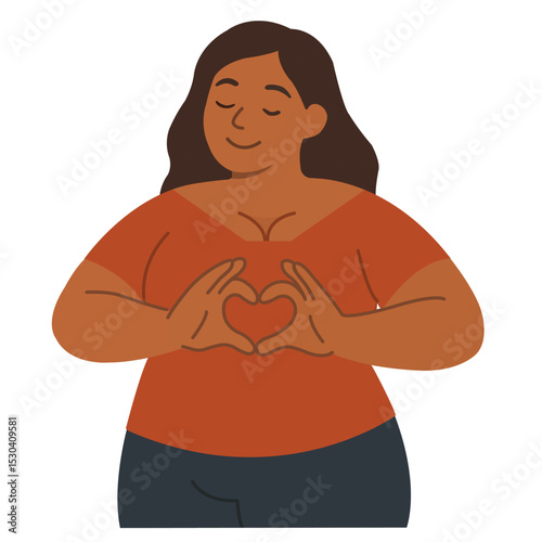 Plus size women with heart shaped hands on head flat vector illustration isolated on white background