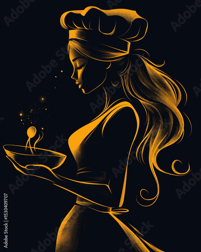 Vector line art illustration of a logo. Silhouette of a woman wearing a chef hat, cooking or baking.
