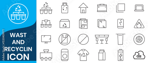 waste and recycling line  icon set. Garbage, Trash, separation and waste recycling linear icon collection. Vector illustration