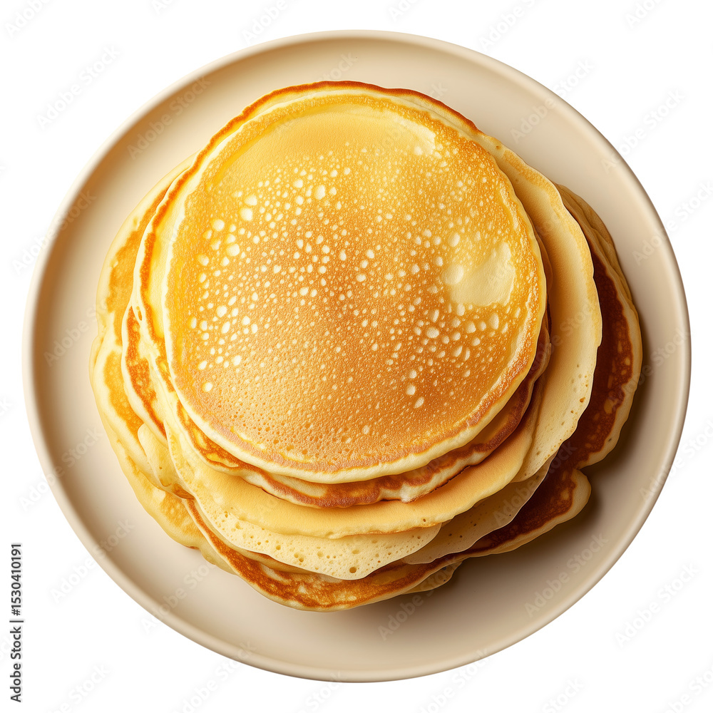 Fototapeta premium Fluffy stack of golden pancakes served on a beige ceramic plate, isolated on white transparent background