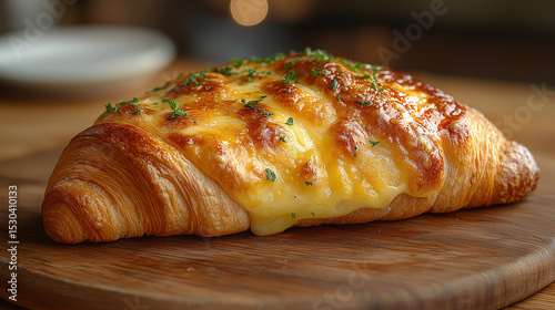 Freshly baked croissants and cheese and bread on wooden table for breakfast.