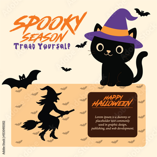 Happy Halloween with Black Cat and Witch Silhouette