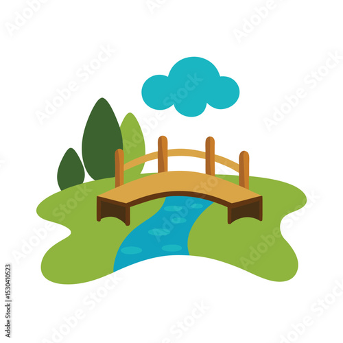 pond with wooden bridge crossing vector art
