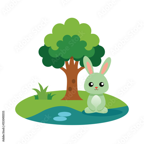 rabbit sitting under tree by the pond cartoon vector art