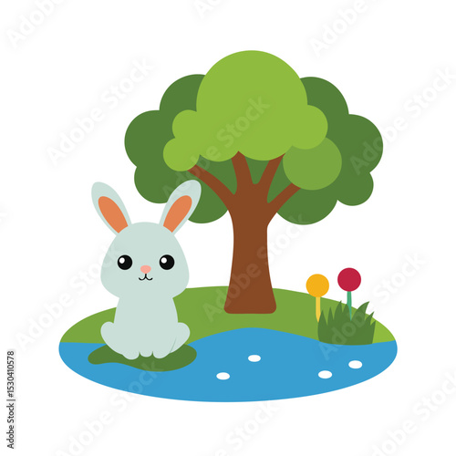 rabbit sitting under tree by the pond cartoon vector art