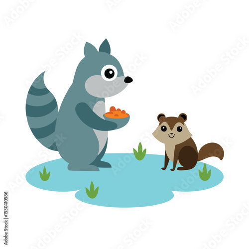 raccoon balancing on a fallen log near the pond sharing food vector art
