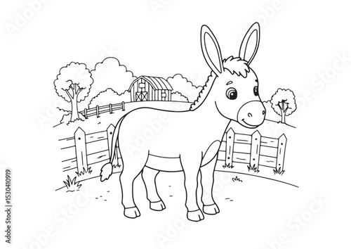 donkey on the farm, cartoon outline line art, for coloring page, vector illustration, isolated on transparent background