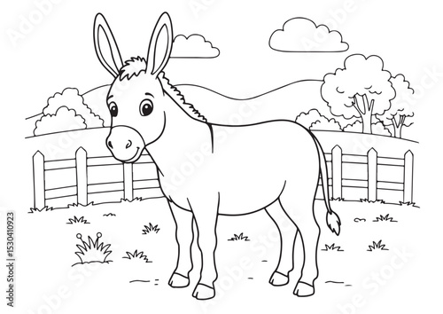 donkey on the farm, cartoon outline line art, for coloring page, vector illustration, isolated on transparent background