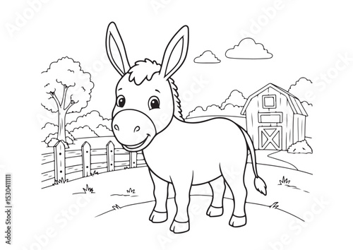 donkey on the farm, cartoon outline line art, for coloring page, vector illustration, isolated on transparent background