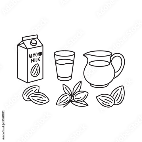 Line Art Illustration of Almond Milk with Carton, Glass, and Nuts for Healthy Vegan Beverage Concept