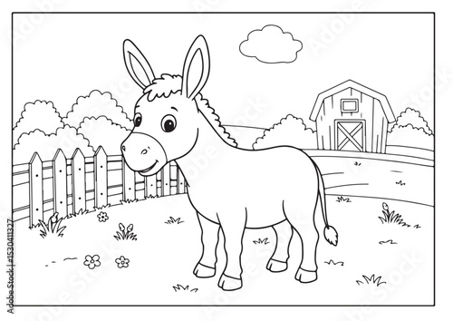 donkey on the farm, cartoon outline line art, for coloring page, vector illustration, isolated on transparent background