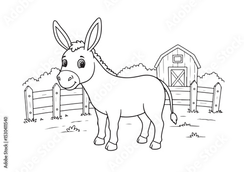 donkey on the farm, cartoon outline line art, for coloring page, vector illustration, isolated on transparent background