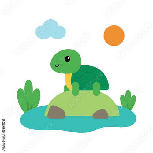 turtle sunbathing vector art.