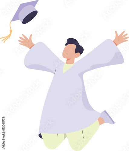 Faceless flat vector character jumping in joy and tossing a graduation cap, pastel colors, white background, celebration concept.