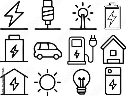 Electric power icons set charging energy and sustainability. Transportation icons set vector