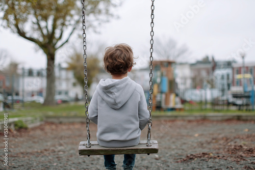 Child sitting alone on swing in deserted playground, overcast sky, subtle melancholy, muddy colors, soft lighting, 