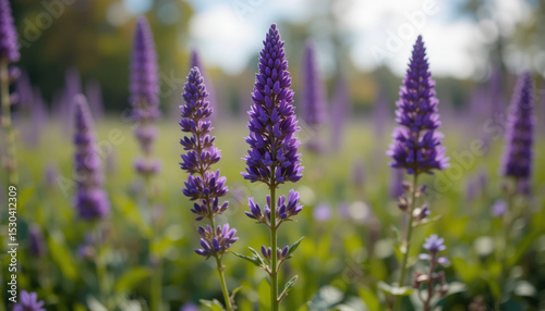 A vibrant field of purple lavender blossoms in the summer sun, a beautiful floral meadow 