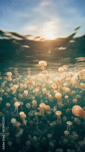 Underwater Sea Jellyfish Swimming Golden Sunshine Aquatic Wildlife