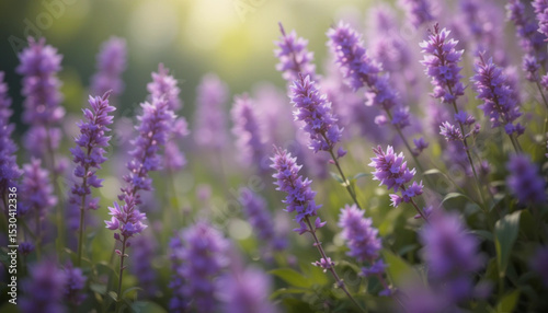 A vibrant field of purple lavender blossoms in the summer sun, a beautiful floral meadow 