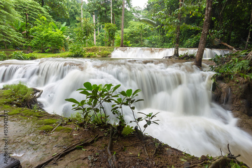 The beauty of Kroeng Krawea Waterfall in the rainy season is a single-tiered waterfall, 5 meters high, located in Khao Laem National Park, Sangkhla Buri District, Kanchanaburi