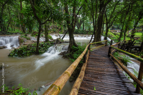 The beauty of Kroeng Krawea Waterfall in the rainy season is a single-tiered waterfall, 5 meters high, located in Khao Laem National Park, Sangkhla Buri District, Kanchanaburi